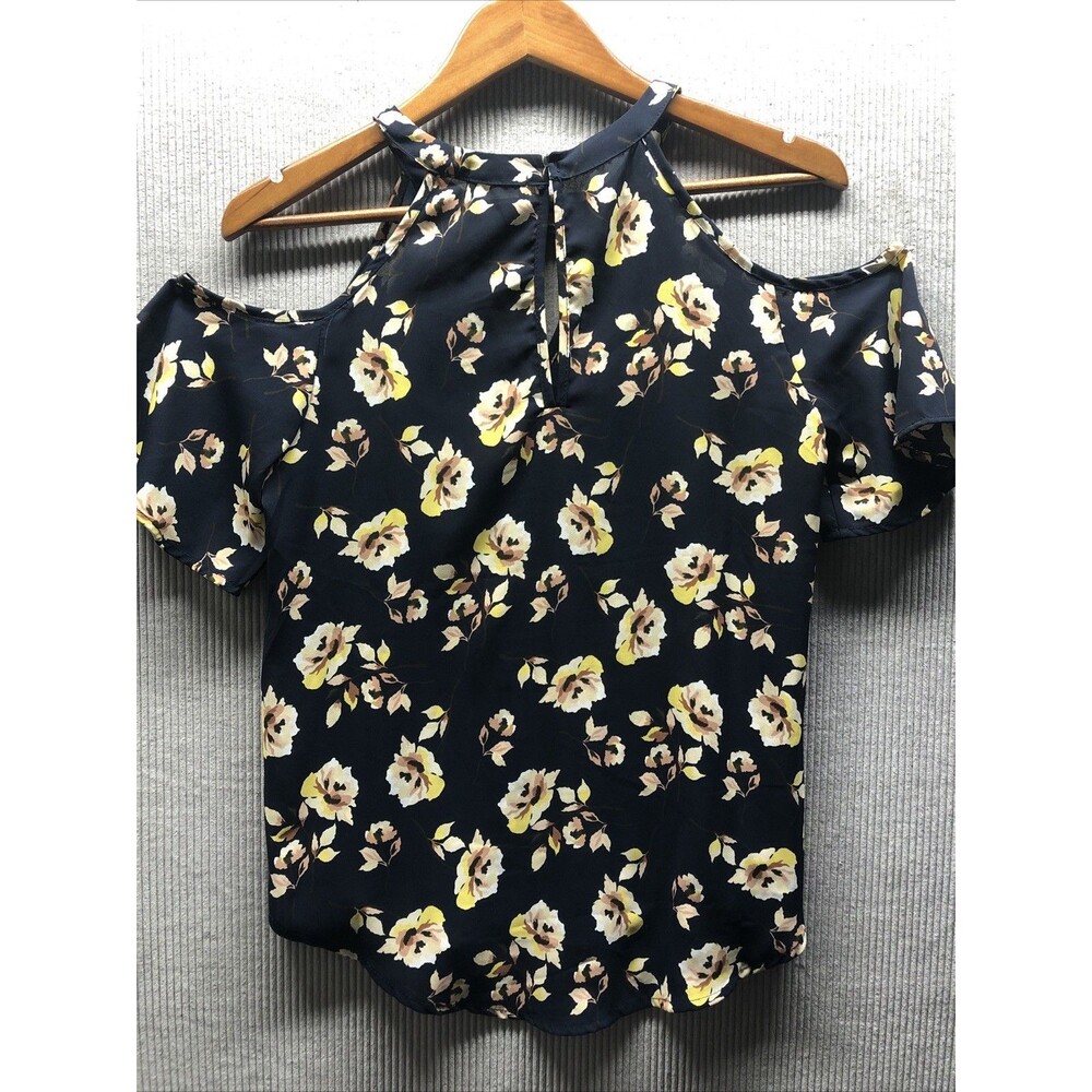 Sienna Sky Womens Blouse Small Blue Floral Cold Shoulder Moody Romantic
